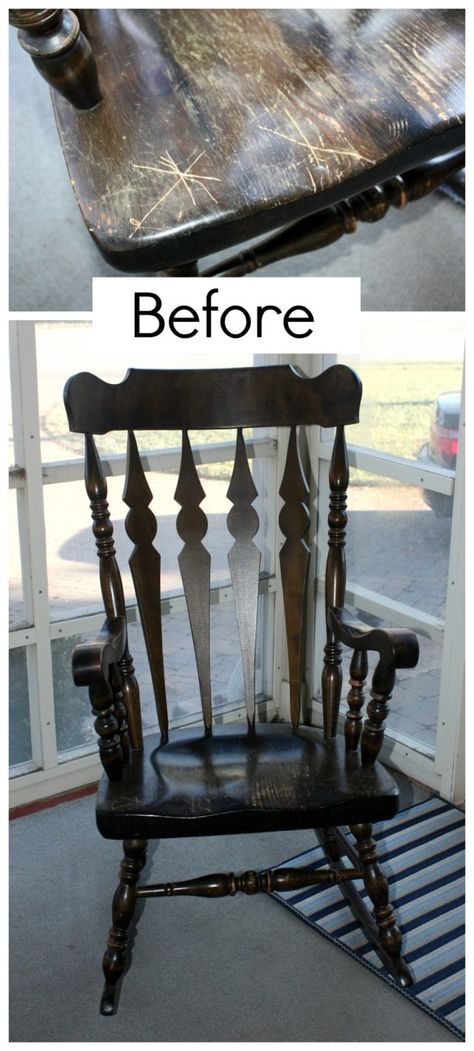 Rocking Chair Makeover - Before Antique Rocker Makeover, Antique Rocking Chair Makeover, Vintage Rocking Chair Makeover, Wood Rocking Chair Makeover, Classroom Rocking Chair, Rocking Chair Redo, Front Porch Rocking Chairs, Rocking Chair Makeover, Painted Rocking Chairs