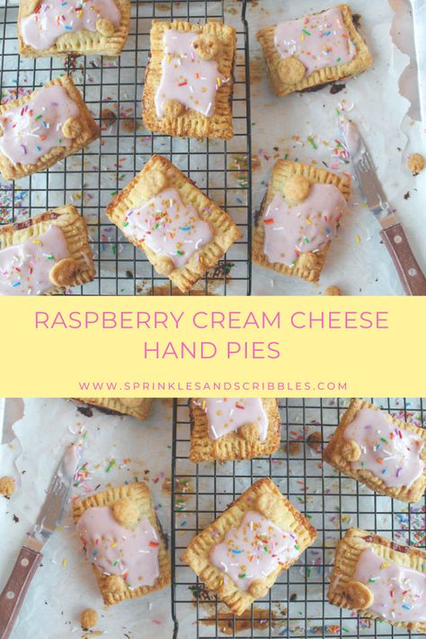 These hand pies are easy to make, filled with a tart raspberry jam, tangy cream cheese, in a buttery crust with a pink cream cheese glaze. Read on for this easy hand pie recipe aka pockets of deliciousness! #handpies #raspberryhandpies Cream Cheese Hand Pies, Easy Hand Pies, Cheese Hand Pies, Fruit Hand Pies, Cream Cheese Pie Crust, Raspberry Cream Cheese, No Bake Summer Desserts, Hand Pie Recipes, Cream Cheese Pie