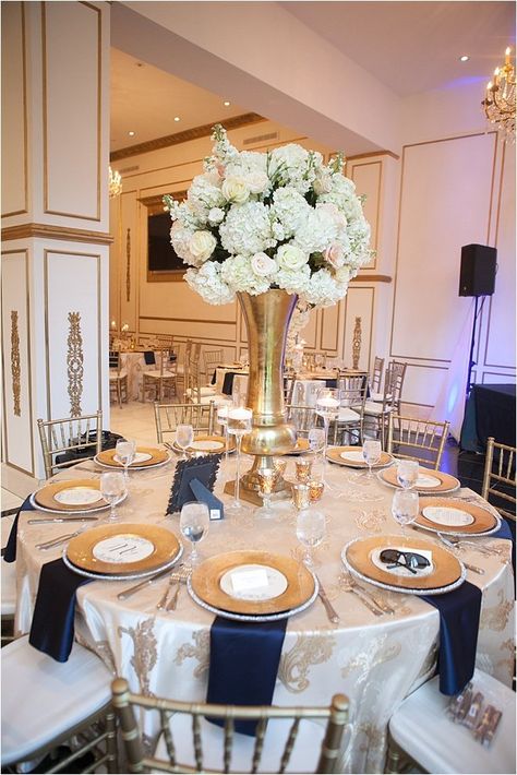 Navy, Gold & Ivory Wedding at Chateau Cocomar - Houston Wedding Blog Blue Ivory And Gold Wedding, White Wedding Table Decorations, Ivory Wedding Decorations, Navy Champagne Wedding, White And Gold Wedding Themes, Ivory Wedding Decor, Ivory And Gold Wedding, Gold Ivory Wedding, Gold White Wedding