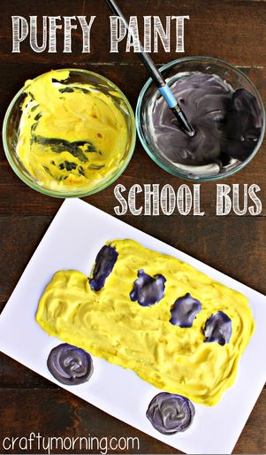 School Bus Craft, Puffy Paint Crafts, Bus Craft, School Bus Crafts, Shaving Cream Art, Bus Crafts, Crafty Morning, Transportation Preschool, Back To School Art