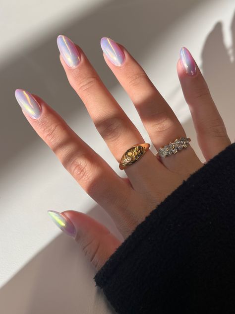 Medium Chrome Nails, Chrome Builder Gel Nails, Chrome Iridescent Nails, Iridescent Gel Nails, Builder In A Bottle Nails, Irridecent Design Nails, Iridescent Chrome Nails, Irridescent Nails, Nails Iridescent