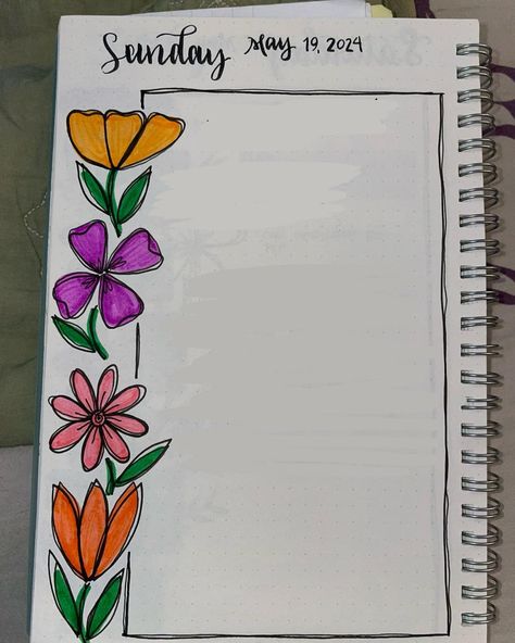 Journal art for the week starting May 13, 2024 (Sometimes I forget to take a picture before I start writing in it, hence the splotchy background in some pics. ¯\_(ツ)_/¯ ) #journalart #justtamar #drawingeveryday #handdrawn #creativejournaling #handdrawnart Flower Doodling, Designs For Project, Book Art Projects, Doodle Art Flowers, Colorful Borders Design, Bond Paper Design, Bullet Journal Notes, Colorful Borders, Page Borders Design