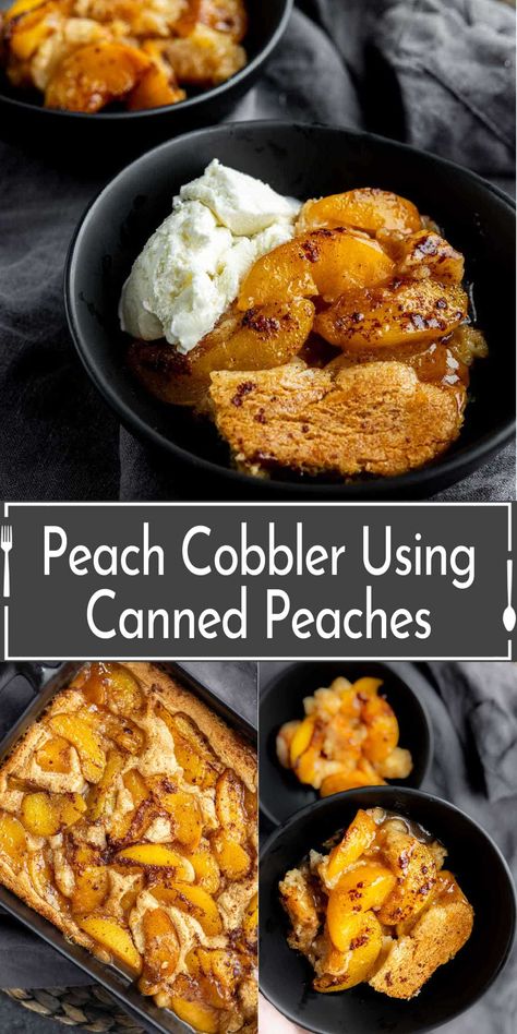 Satisfy your sweet tooth with this easy Peach Cobbler using canned peaches! This classic dessert is quick to make and absolutely delicious. Perfect for any occasion, it's topped with a golden, crispy crust and filled with sweet, juicy peaches. Serve warm with a scoop of vanilla ice cream for an irresistible treat! Using Canned Peaches, Can Peach Cobbler, Canned Peach Cobbler Recipe, Pear Cobbler, Easy Peach Cobbler, Southern Peach Cobbler, Peach Pie Filling, Baked Peach, Homemade Coleslaw