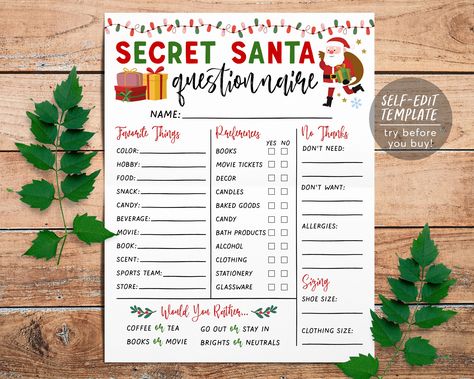 "Secret Santa Questionnaire Editable Template ➡️ MATCHING Items here: www.etsy.com/shop/PuffPaperCo/items?search_query=secretsanta THIS IS A TEMPLATE WHICH YOU CAN EDIT ON YOUR BROWSER- NO PHYSICAL PRODUCT WILL BE SHIPPED ❤️ EDITABLE TEMPLATE  - 8.5x11\" - Edit immediately right from your browser - Personalize most text, fonts, & colors - Change size, placement, or delete elements completely - Upload your own logo or image ------------------------------------ ⭐️➡️ TRY THIS TEMPLATE BEFORE BUYING Secret Santa Wishlist Template, Secret Santa Craft Ideas, Christmas Secret Santa List, Work Secret Santa Questions, Secret Santa Wish List, Gift Exchange Form, Secret Santa Templates, Work Morale, Secret Santa Form