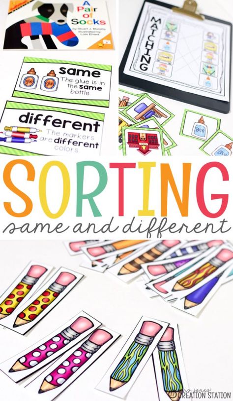 Teaching sorting is one of the first units covered in many early childhood classrooms. It is an essential skill for little ones to understand before many other math skills can be developed. Little learners need to know what makes objects the same and different in order to begin understanding the concept of sorting. Prek Sorting Activities, Pre K Sorting Activities, Sorting Objects Kindergarten, Same And Different Activities, Kindergarten Sorting Activities, K4 Classroom, Kindergarten Architecture, Ladybug Room, Early Childhood Education Classroom