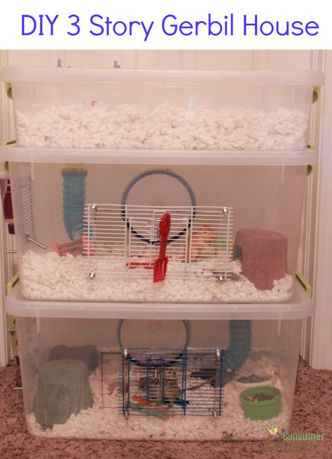 DIY Three Story Gerbil Cage Also Good For Hamsters Kandang Hamster, Hamster Bin Cage, Hamster Diy Cage, Gerbil Cages, Mouse Cage, Cage Hamster, Hamster Diy, Hamster Life, Hamster Habitat