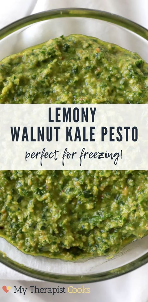 This kale pesto with parm and lemon is the perfect 5 minute meal prep recipe! Walnut kale pesto keeps so well in the freezer and is yummy on pasta or in vegetarian, easy healthy grain bowls. Make a batch this weekend for meal prep and freeze half for later! This particular pesto recipe has only 7 ingredients and is done in under 10 minutes. Kale Walnut Pesto, Kale And Walnut Pasta, Kale Pesto Pasta Salad, Healthy Grain Bowls, Kale Pesto Pasta, Kale Pesto Recipe, Freezing Kale, Pesto Recipes, Lentils And Quinoa