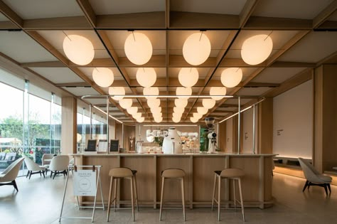 Pastel Interior Design, Japanese Restaurant Interior, Loft Style Interior, Greens Restaurant, Japanese Cafe, Architectural Lighting Design, Hotel Concept, Book Bar, Ceiling Light Design