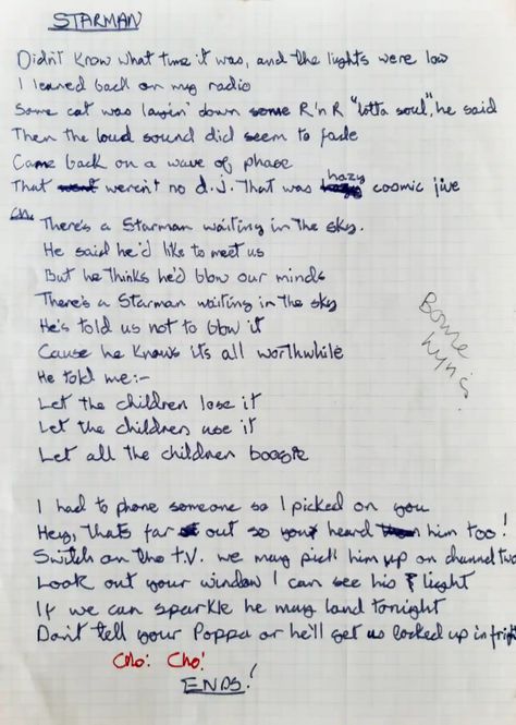 Starman Lyrics, Bowie Lyrics, David Bowie Interview, David Bowie Lyrics, Handwritten Lyrics, Win The Lottery, Moonage Daydream, The Lottery, A4 Sheet