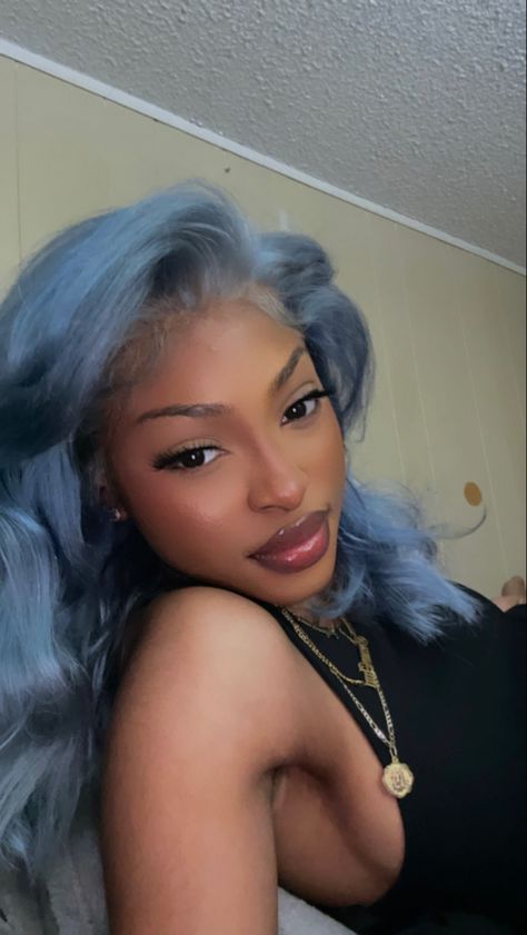 Blue hair for black girls Most Unique Hair Colors, Dark Blue On Black Women, Blue Gray Hair Color On Black Women, Ginger And Blue Hair Black Women, Navy Blue Hair Color On Black Women, Midnight Blue Hair Black Women, Blue Hair On Light Skin, Periwinkle Hair Black Women, Icy Blue Hair Black Women