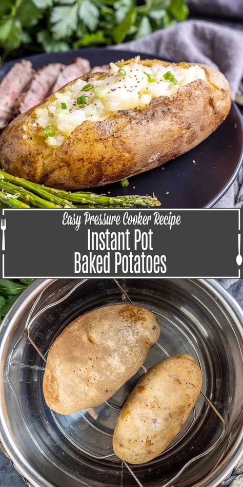 These easy Instant Pot Baked Potatoes are a quick way to get perfectly cooked baked potatoes every time. We show you how to use your pressure cooker to make baked potatoes for a quick meal, side dish, or as part of another dish. Making baked potatoes in an Instant Pot is going to change the way you cook! Instapot Baked Potatoes Instant Pot, Baked Potatoes In Instant Pot, Baked Potatoes In Instapot, Instapot Baked Potatoes, Potatoes In Instant Pot, Pressure Cooker Baked Potatoes, Potatoes Instant Pot, Make Baked Potatoes, Instant Pot Baked Potatoes