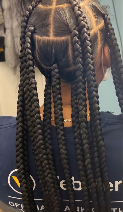 Jumbo Knowles Braids, 6 Big Box Braids, Jobo Knotless, Jumbo Knotless Braids Styles, Jumbo Knot Less Box Braids, Big Parts Knotless Braids, Xl Jumbo Knotless Box Braids, Braids For Black Women Big Parts, Knotless Braids Large Parts