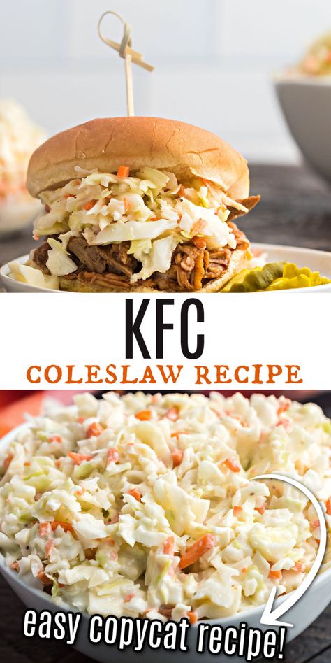 Make copycat KFC Coleslaw that's better than the original! Everyone's favorite fried chicken side dish is easy to replicate at home. This fresh coleslaw has a tangy buttermilk dressing that keeps you coming back for more. Kfc Coleslaw Recipe Easy, Fried Chicken Side Dishes, Copycat Kfc Coleslaw, Kfc Coleslaw Recipe, Best Coleslaw Recipe, Kfc Recipe, Coleslaw Recipe Easy, Coleslaw Dressing, Side Dishes For Chicken