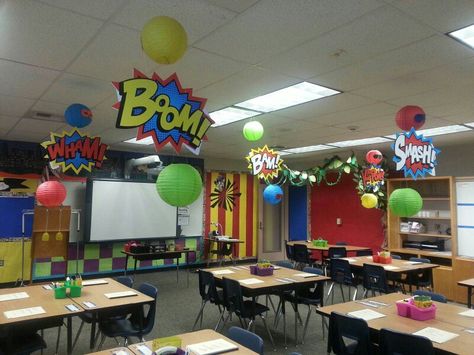 Superhero classroom                                                                                                                                                      More Superhero School Theme, Superhero Class, Superhero Classroom Decorations, Hero Classroom Theme, Superhero School, Superhero Classroom Theme, Classroom Decor High School, Superhero Classroom, Super Hero Theme