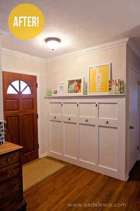 If went with beach cottage look and used wainscoting throughout living room, these hooks could be behind the front door. Batten Board, Big Blank Wall, Storage Area, Blank Walls, My Dream Home, Home Renovation, Home Remodeling, Home Projects, The Wall