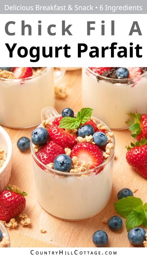 Yogurt Parfait Recipe Ideas, Homemade Yogurt Parfait Granola, Make Ahead Yogurt Parfait For A Crowd, Yogurt Brunch Ideas, Parfait Recipes Yogurt, Best Yogurt Parfait Recipe, Granola Parfait Recipe, Yogurt Parfait Make Ahead, Chick Fil A Yogurt Parfait Recipe