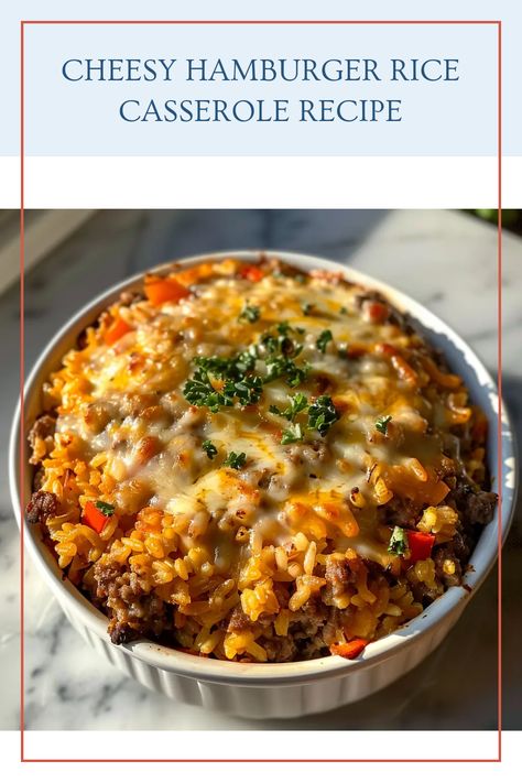 Looking for a cozy meal that combines cheesy goodness with the hearty delight of ground beef? This easy Hamburger Rice Casserole recipe is a must-try! Our delicious casserole features simple ingredients like rice, ground beef, and creamy cheese, creating a meal that's perfect for busy weeknights or family gatherings Hamburger And Rice Recipes, Hamburger Rice Casserole, Hamburger Rice, Cauliflower Rice Casserole, Crockpot Roast Recipes, Hamburger Casseroles Recipes, Wild Rice Recipes, Ground Recipes, Ground Beef Casserole Recipes