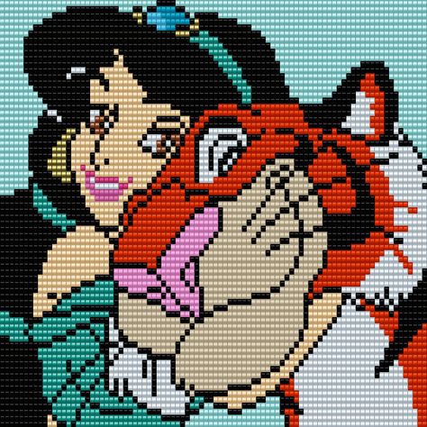 Princess Jasmine and Rajah from Aladdin Square Grid  Pattern 90 Columns X 70 Rows (Pattern by me, Man in the Book) Princess Jasmine And Rajah, Beaded Snoopy, Jasmine And Rajah, Square Grid Pattern, Image Pixel Art, Pixel Art Minecraft, Pixel Quilting, Aladdin Jasmine, Piskel Art