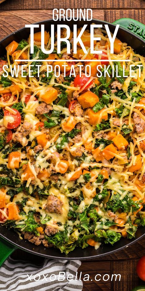 Ground Turkey And Sweet Potato Recipe, Ground Turkey Recipes Paleo, Chicken And Kale Recipes, Kale Skillet, Ground Turkey Sweet Potato, Potatoe Dinner Recipes, Turkey Skillet, Ground Turkey Recipes Easy, Turkey Sweet Potato