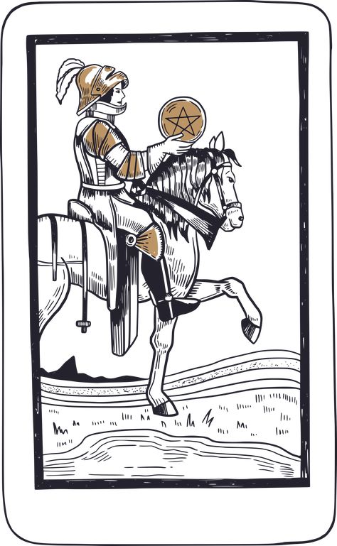 The Knight of Pentacles is a tarot card that represents hard work, determination, and stability. This card is associated with the Earth element and is typically seen as a symbol of practicality and reliability. In a tarot reading, the Knight of Pentacles often indicates that the querent is ready to put in the effort to achieve their goals and is focused on steady progress. Knight Of Pentacles, Pentacles Tarot, Tarot Tattoo, Earth Elements, Tarot Cards Art, Card Drawing, Minor Arcana, Tarot Reading, Tarot Cards