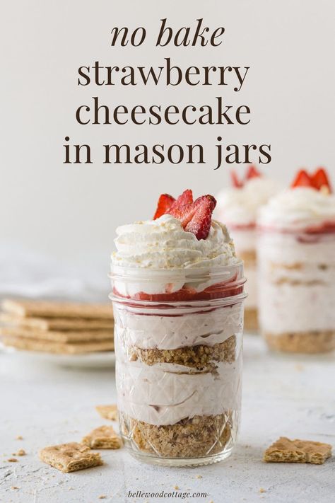 These No Bake Strawberry Cheesecakes in Mason Jars are an easy dessert recipe perfect for parties (or anytime you need an indulgent treat). Each of these individual mason jar desserts features a no bake graham cracker crust, light pink cheesecake filling sweetened with white chocolate and strawberries, strawberry sauce, and homemade whipped cream. No oven, no water bath, no problem! No Bake Graham Cracker Crust, Strawberry Cheesecake In A Jar, Muffin Tin Desserts, Pink Cheesecake, Mason Jar Cheesecake, Baked Graham Cracker Crust, Strawberry Cheesecakes, No Bake Strawberry Cheesecake, Jar Desserts