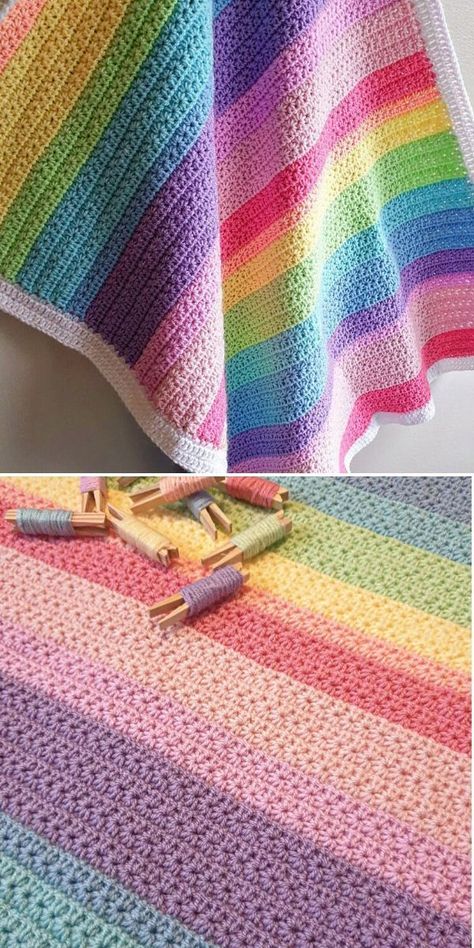 Crochet Pattern Rainbow Blanket, Ice Cream Yarn Crochet Patterns, Colorful Crochet Patterns, Star Stitch Crochet Blanket, Twin Size Crochet Blanket Pattern Free, Rainbow Quilts Ideas Free Pattern, Crochet Kid Blanket, Double Crochet Blanket Pattern, Half Double Crochet Blanket