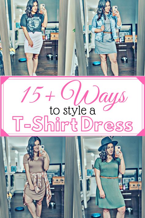 T-Shirt Dresses are a must have for Spring and Summer! Check out these 15 styling options to inspire your next #ootd. T Shirt Over Dress Outfits Casual, T Shirts Over Dresses, How To Style A Shirt Over A Dress, Tshirts Over Dresses Outfits, Dressing Up A Tshirt Dress For Work, Shirt Over Dress Outfit Summer, How To Dress Up A T-shirt Dress, T Shirt Dress Styling, Dress With Tshirt Over