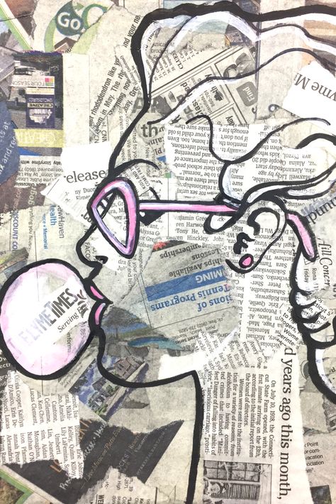 Pop Art On Newspaper, Newspaper Pop Art, Bubble Collage Art, Newspaper Painting Ideas, Painting On Newspaper Ideas, Paper Mache Canvas, Art On Newspaper, Pop Art Sketch, Pop Art Bubble