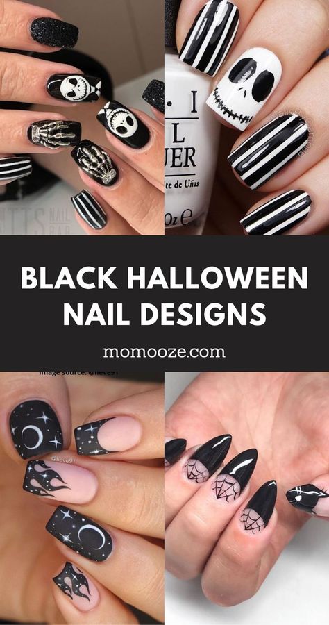 Halloween Nails 2023 Black, Black And White Halloween Nails Easy, Halloween Nail Gel Designs, Black Halloween Gel Nails, Halloween Skeleton Nail Designs, Gel Halloween Nails Design, Easy Black Halloween Nails, Black Matte Nails Halloween, Halloween Gel Nail Art