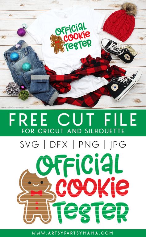 Official Cookie Tester Shirt with Free Cut File | artsy-fartsy mama Free Svg Files For Cricut Christmas Cookies, Cookie Tester Shirt, Christmas Cookie Svg Free, Cookie Tester Svg, Official Cookie Tester Svg, Valentines Party Ideas, Official Cookie Tester, Cricut Christmas Ideas, Free Svgs