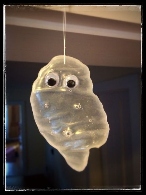 Hot Glue Ghost, Hanging Ghost Craft, Glue Ghosts, Tape Ghost Diy, Glue Ghost Craft, Ghost Process Art, Cheesecloth Ghost Diy With Glue, Home Made Glue, Diy Halloween Ghosts