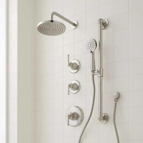 Beasley Thermostatic Shower System with Slide Bar and Hand Shower, Brushed Nickel Shower Fixtures, Bathroom Selections, Master Bath Remodel Ideas, Farmhouse Sink Faucet, Bath Remodel Ideas, Clawfoot Tub Shower, Bathroom 2024, Porcelain Sinks, Copper Faucet