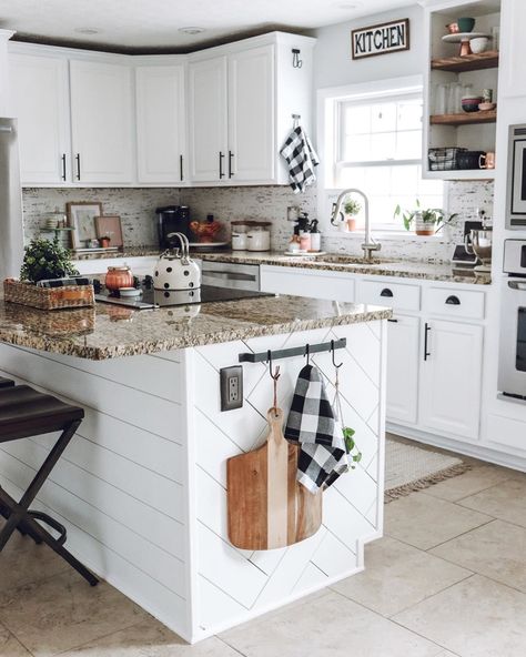 Tina · Inspired Reality Blog on Instagram: “Sharing our Herringbone Shiplap Kitchen Island🤗 This is a project we’ve wanted to do FOREVER and we finally buckled down & did it last…” White Kitchen With Shiplap, Farmhouse Remodeling Ideas, Shiplap Cabinets Kitchen, Kitchen Island Shiplap Ideas, Island Farmhouse Decor, Farmhouse Cabinets Kitchen, White Kitchen Ideas Farmhouse, Under Island Wall Ideas, Kitchen Island With Shiplap