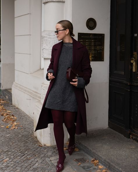 burgundy tight season is back 🍒🍷 Burgundy coat @josephfashion Grey knit @sezane Burgundy tights @calzedonia Bag @sezane #winterfashion #sezanelovers #burgundy , burgundy tights, red tights, weinrot, oxblood, sezane bag, winter outfit inspo, knitwear , grey knit , Grey Burgundy Outfit, Burgundy Monochrome Outfit, Burgundy Tights Outfit Winter, Burgundy Coat Outfit Winter, Burgundy And Grey Outfits, Maroon Coat Outfit, Burgundy Bag Outfit, Burgundy Coat Outfit, Burgundy Tights Outfit