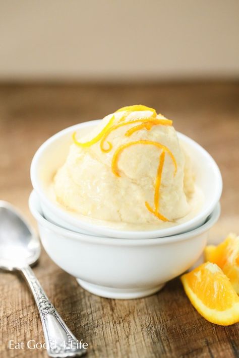 4 ingredient Vegan orange creamsicle ice cream Vegan Orange Creamsicle, Orange Creamsicle Ice Cream, Creamsicle Ice Cream, Vegan Gelato, Almond Milk Ice Cream, Soy Allergy, Orange Ice Cream, Coconut Milk Ice Cream, Nice Cream Recipe