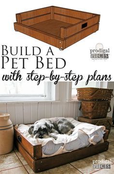 ♥ Cool DIY Pet Ideas ♥ Build a Pet Bed with Step-By-Step Plans & Tutorial by… Pet Bed Diy, Pallet Dog Beds, Diy Pet Bed, Diy Dog Bed, Psy I Szczenięta, Carpentry Projects, Shop Projects, Bed Diy, Dog Rooms