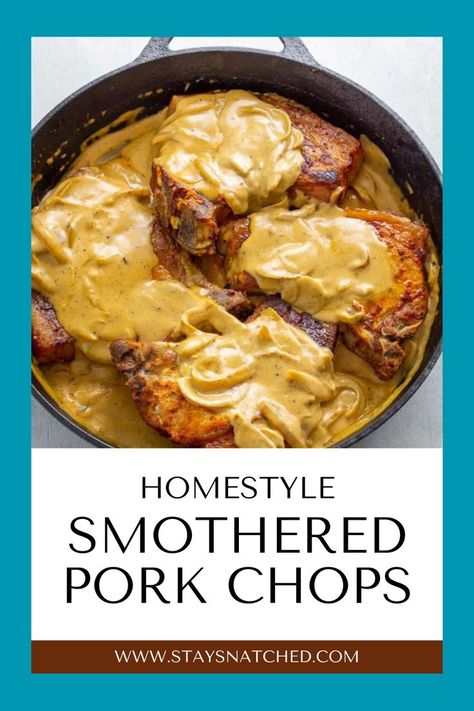 This homestyle smothered pork chops is a classic dinner meal I grew up eating, especially for Sunday dinners. These Southern Soul Food Smothered Pork Chops are fried with seasoned, sauteed onions and then drizzled in thick, stewed gravy. Pair this soul food staple with potatoes or your favorite sides. Pork Chops In Gravy, Southern Smothered Pork Chops, Cajun Pork Chops, Cajun Pork, Southern Soul Food, Sauteed Onions, Pork Chops And Gravy, Smothered Pork, Cajun Dishes