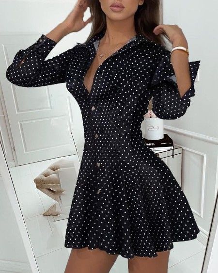 Dot Print Pleated Skater Dress Polka Dot Dress Vintage, Pleated Skater Dress, Polka Dot Shirt Dress, Robes Glamour, Robes D'occasion, Elegant Mini Dress, Chic Type, Short Dresses Casual, Polka Dress