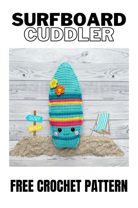 Get ready for summer with this fun crochet surfboard stuffie! This free crochet pattern works up quick! Let's get ready to make a splash! ;) Crochet Beach Amigurumi, Surfboard Pattern, Surf Crochet, Crochet Pillows, Crochet Cross, Amigurumi Free Pattern, Crochet Patterns Amigurumi, Crochet Animals, Diy Crochet