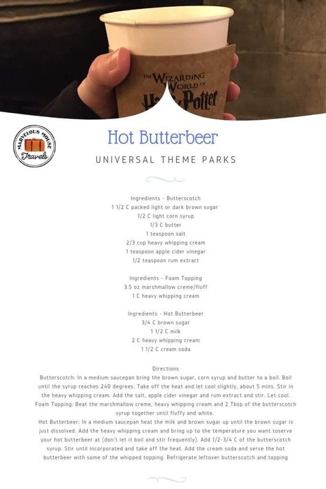 Hot Butterbeer Recipe, Frozen Butterbeer Recipe, Mixed Drinks Alcohol Recipes, Butter Beer Recipe Harry Potter, Frozen Butterbeer, Hot Butterbeer, Harry Potter Snacks, Butterscotch Syrup, Butterbeer Recipe