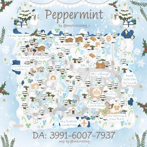 Animal Crossing Christmas Dream Address, Acnh Island Designs Christmas, Acnh Layout Idea Map, Winter Animal Crossing Island, Acnh Winter Island Dream Address, Winter Acnh Island, Acnh Christmas Island Dream Address, Winter Animal Crossing, Acnh Holiday Island