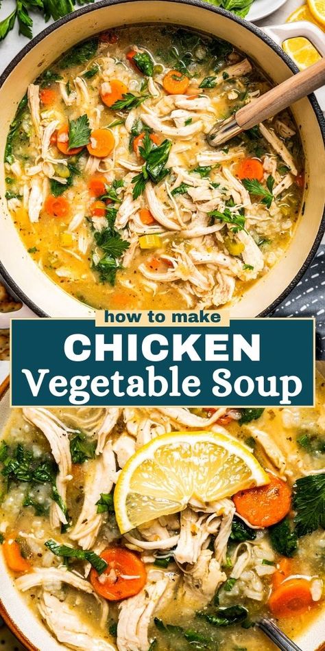 Enjoy a heartwarming bowl of this comforting Chicken Vegetable Soup packed with juicy shredded chicken, tender veggies, rice, and spinach, all simmering in a delicious savory stock. Chicken And Veg Soup Recipes, Chicken Soup With Shredded Chicken, Chicken And Vegetable Soup Recipes, Chicken Veg Soup Recipes, Shredded Chicken Vegetable Soup, Veggie Soup With Chicken Broth, Healthy Chicken Veggie Soup, Chicken Vegetable Soup Healthy, Crock Pot Soups And Stews