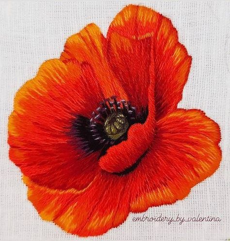 Red Poppy Embroidery, Embroidery Poppy Flower, Poppy Embroidery Pattern, Embroidery Poppies, Embroidery Poppy, Diy Embroidery Thread, Stitching Flowers, Poppy Embroidery, Couching Embroidery