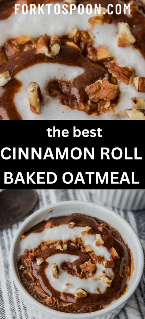 This Cinnamon Roll Baked Oatmeal is a healthy and delicious vegan breakfast that's perfect for meal prep! Easy to make and packed with cinnamon roll flavor. #BakedOatmeal Cinnamon Roll Oatmeal Bake, Blended Baked Oatmeal, Healthy Breakfast Bake, Cinnamon Roll Baked Oatmeal, Blended Baked Oats, Cinnamon Roll Oatmeal, Healthy Breakfast Baking, Healthy Baked Oatmeal, Meal Prep Easy