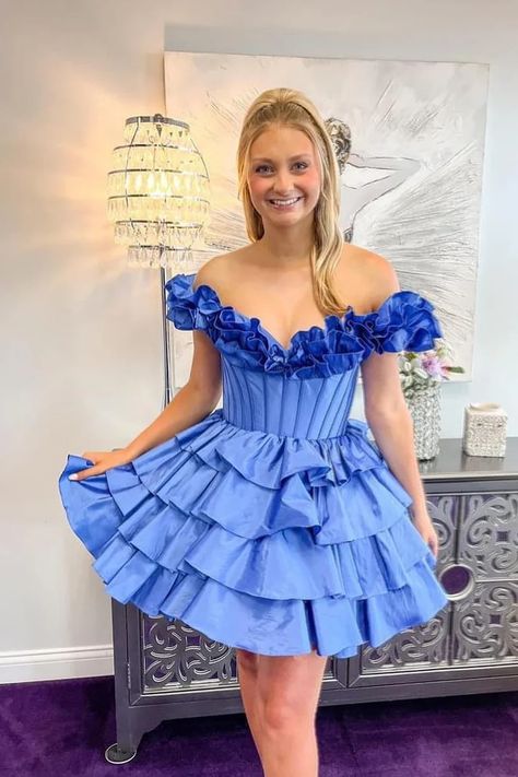 Off The Shoulder A-Line Homecoming Dresses, LTP3200 – Laylatailor Shop Green Ball Gown, Mini Homecoming Dresses, Blue Homecoming Dresses, Colorful Dress, Tiered Ruffle Skirt, Short Homecoming Dress, Short Bridesmaid Dresses, Ruffle Shorts, Hoco Dresses