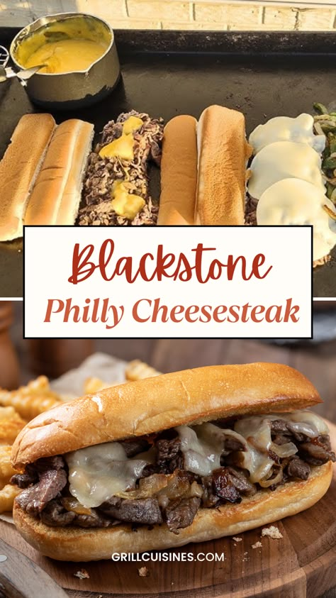 Try our authentic Blackstone Philly Cheesesteak sandwich recipe! Make mouthwatering sandwich with tender slices of perfectly seasoned steak, caramelized onions, and gooey melted cheese, all piled high on a toasted hoagie roll. Perfectly cooked on the Blackstone grill, this Philly Cheesesteak is a delicious blend of savory flavors and rich textures that will have you coming back for more. Ideal for a quick lunch, a satisfying dinner, or your next backyard cookout, perfect for a crowd. Camping Philly Cheese Steak, Philly Cheese Steak Griddle, Philly Cheese Steak On Blackstone, Blackstone Philly Cheese Steak Recipe, Black Stone Philly Cheese Steak, Philly Cheese Steak Blackstone Griddle, Sandwich On Blackstone, Blackstone Philly Cheese Steak, Sandwich Specials