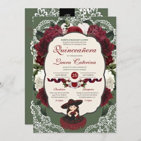 $3.25 | Burgundy Red Green Floral Rose Charro Quinceanera - charro, charra, red, doll, quince dress, roses, floral lace, burgundy, red green white, quinceanera Black Charro Quince Dress, Quince Charro, Quinceanera Red, Charro Quince, Quince Invitations, Floral Birthday Invitations, Quinceanera Invitation, Quince Dress, Quinceanera Invitations