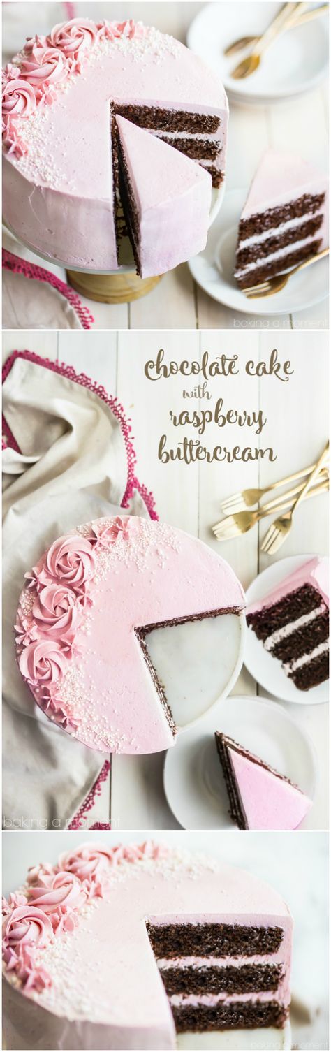 LOVED this moist and fluffy chocolate cake, and the raspberry buttercream was so light and fresh! Perfect party cake :) Fluffy Chocolate Cake, Raspberry Buttercream Frosting, Future Chef, Raspberry Buttercream, Pink Desserts, Chocolate Raspberry Cake, Torte Cupcake, Moist Chocolate Cake, Köstliche Desserts