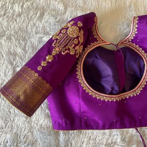 Dm@96404 90158 Designer maggam work blouse Fabric: Halfpattu /Rawsilk Dispatch: 3days Price : 2400unstiched . 2950stitched Colours and sizes can be customised accordingly Temple Design Maggam Work Blouse, Kancheepuram Blouse Designs, Traditional Saree Blouse Designs, Pot Neck, Fashionable Saree, Saree Jackets, Blouse Works, Latest Bridal Blouse Designs, Maggam Work Blouse