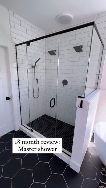 Master Shower White Subway Tile, White Black Shower Tile, White Subway Tile Shower Black Grout, 4x12 Subway Tile Bathroom, Second Bathroom Ideas, Black And Gray Bathroom Ideas, Subway Tile Shower Designs, Hexagon Shower Tile, Maine Bathroom